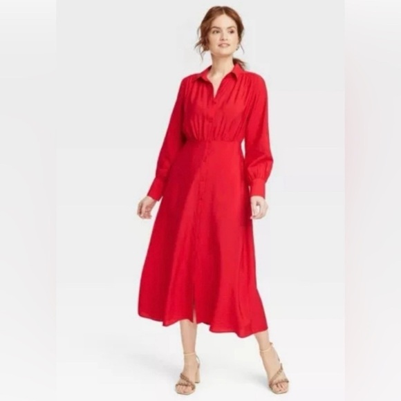 Women's Long Sleeve Collared Midi Crepe Shirtdress - A New Day™ Red Medium. NWT - Picture 2 of 9